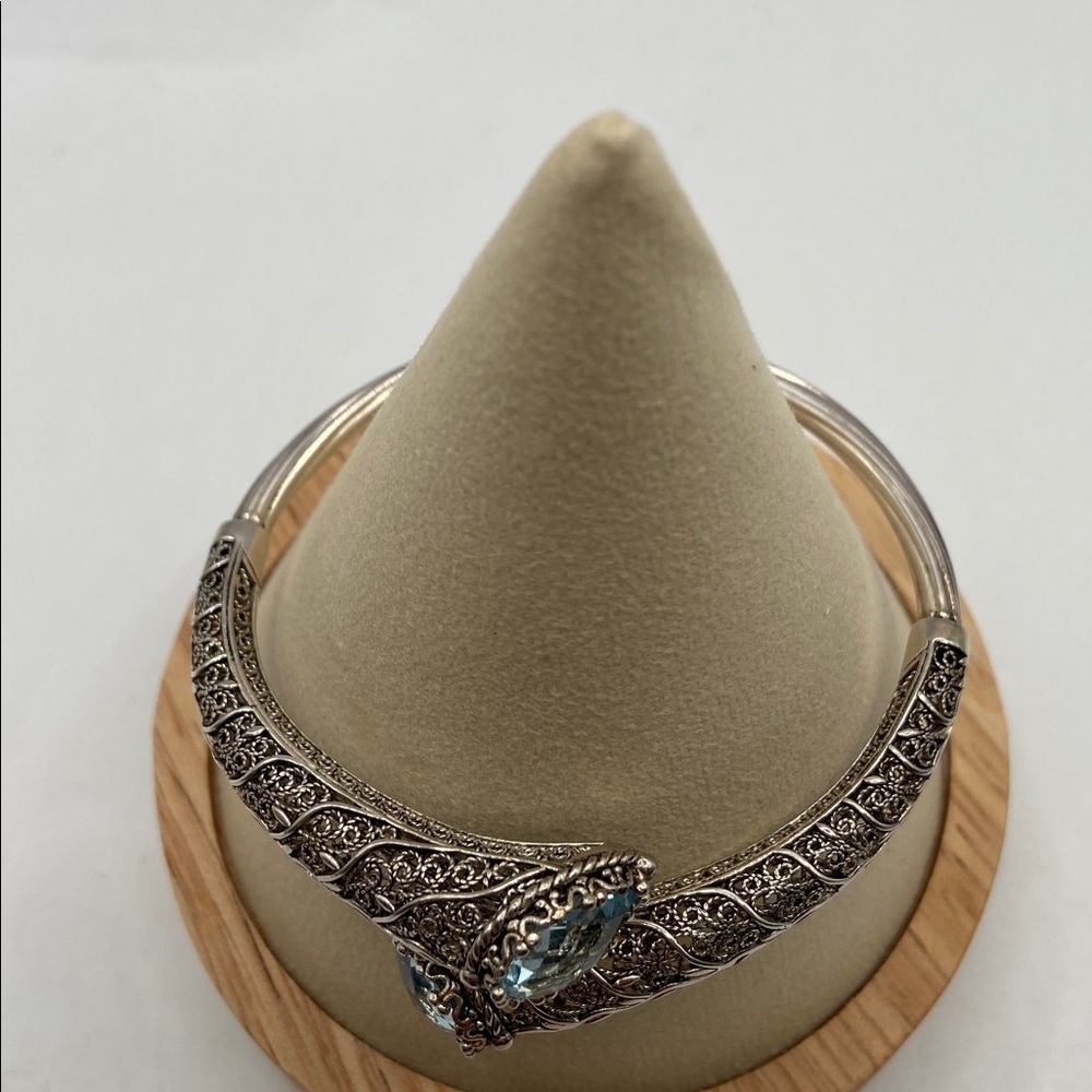Ottoman Couture Sterling Silver 925 Filigree Bypass Cuff Bracelet Blue Topaz M - Picture 5 of 10
